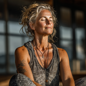 Літня жінка виконує йогу на природі