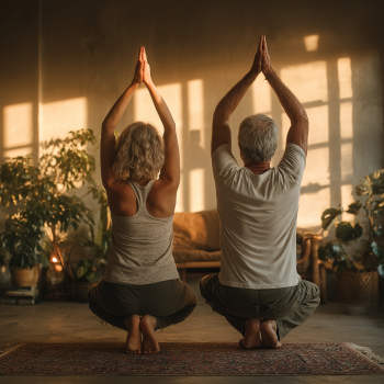 Група літніх людей займається йогою